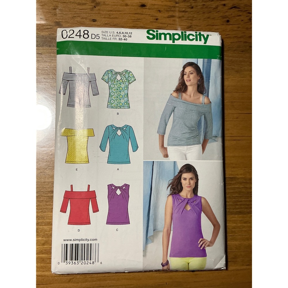 Simplicity 0248 Sewing Pattern UNCUT Size 4-12 misses Tops Cold Shoulder Keyhole